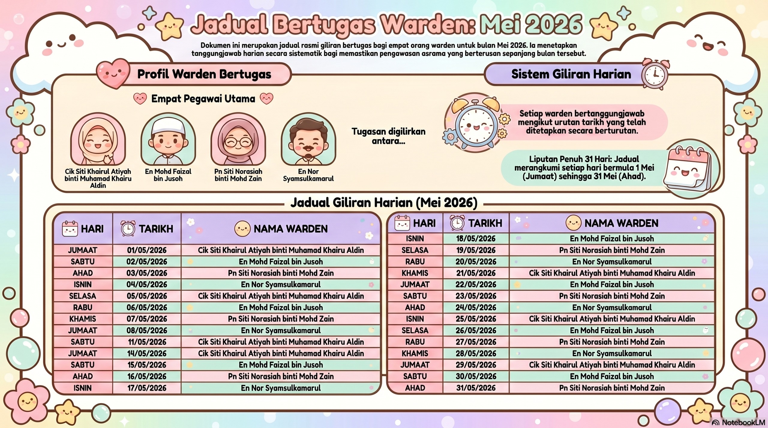 Jadual bertugas warden bagi bulan Mei 2026